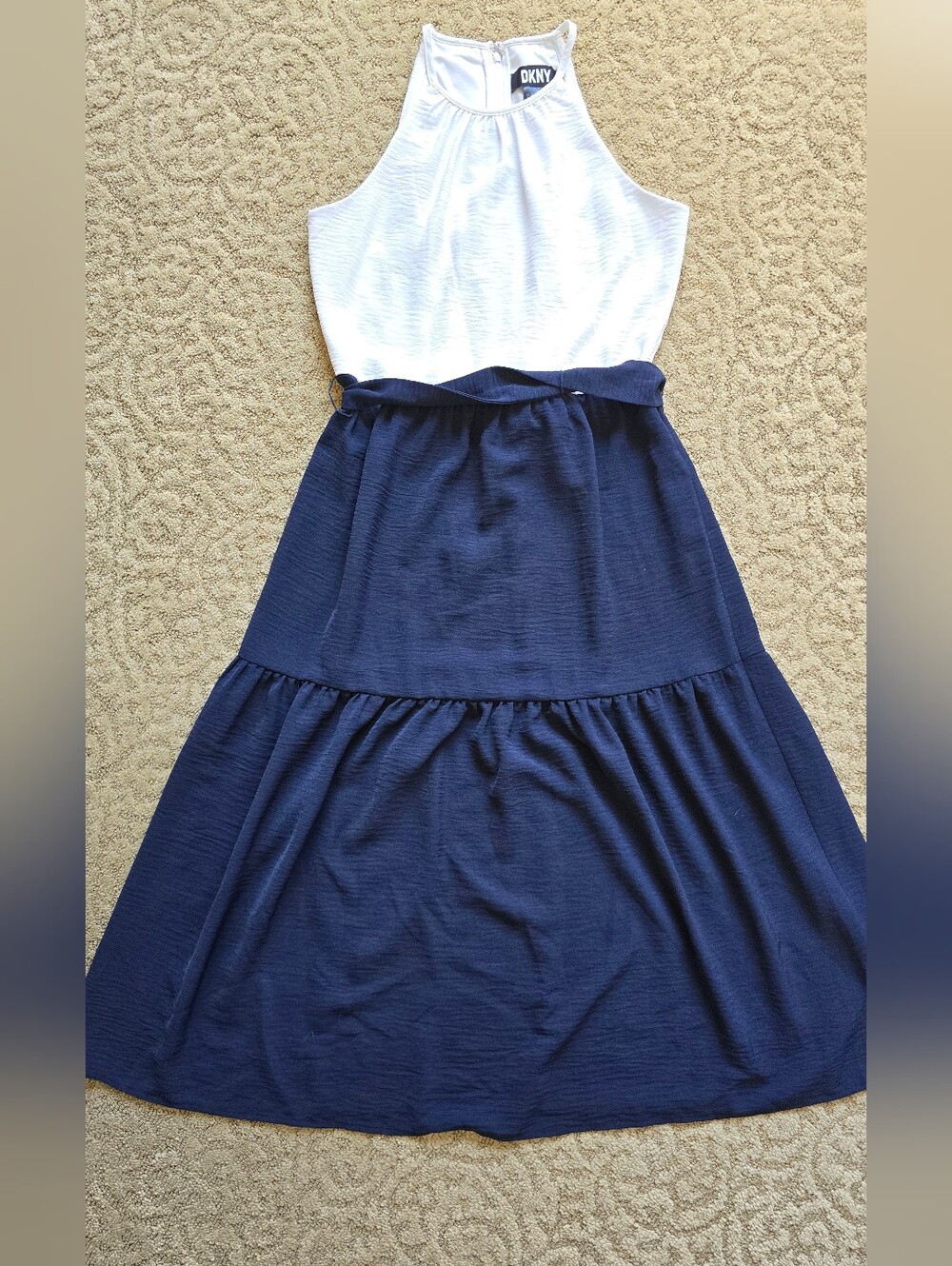DKNY Navy & White Maxi Dress with Belted Waist